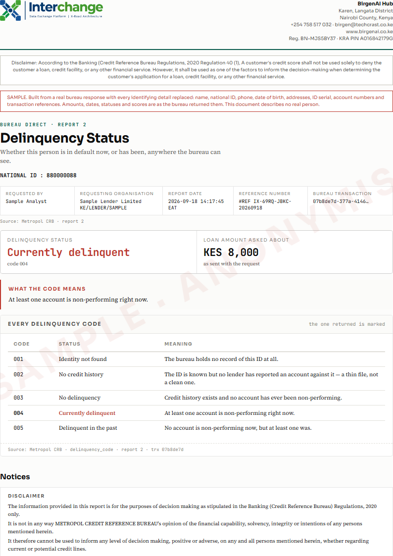 Page one of the Delinquency Status sample